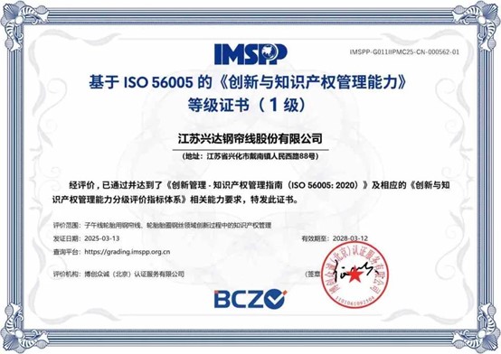 江蘇興達榮獲ISO56005“創新與知識產權管理能力證書”